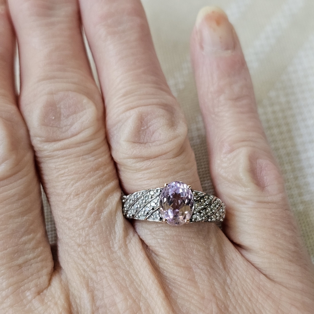 Natural Pink Kunzite & Diamond Ring 18k Rose Gold Sterling Silver Size 7.5 - Picture 6 of 12